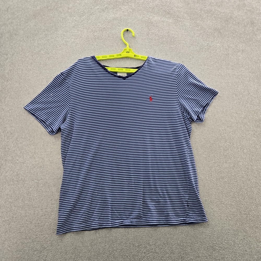 Polo Ralph Lauren Men Shirt L Blue Embroidered Striped Short Sleeve Logo READ